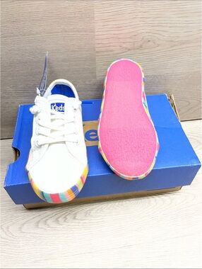 Keds Kids White Canvas Sneakers with Rainbow Stripe Trim and Pink Outsole #267